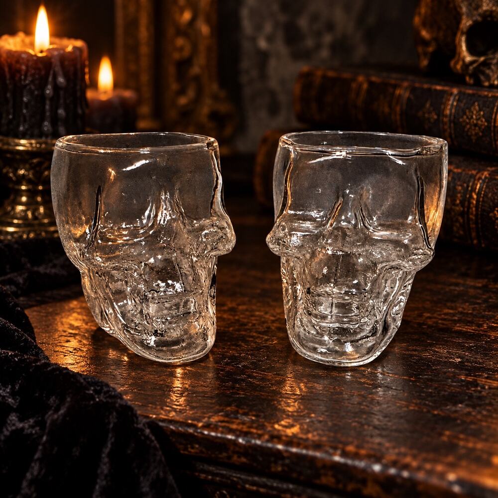 Vintage Crystal Head Skull Shot Glasses Set of 2 NOS Boxed Halloween Barware